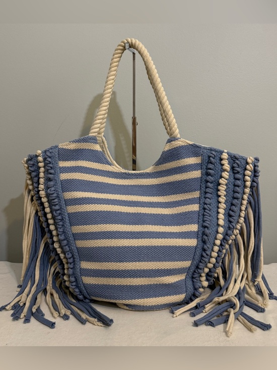 None Handbags - Striped Blue & Cream Fringe Tote Bag Rope Handles